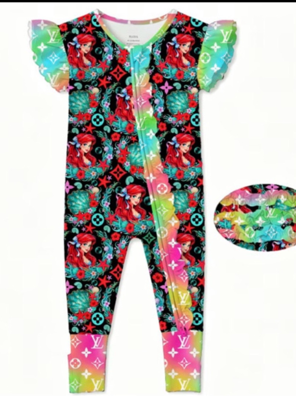 BAMBOO Rainbow Mermaid Print open or close Footed and ruffle butt.
